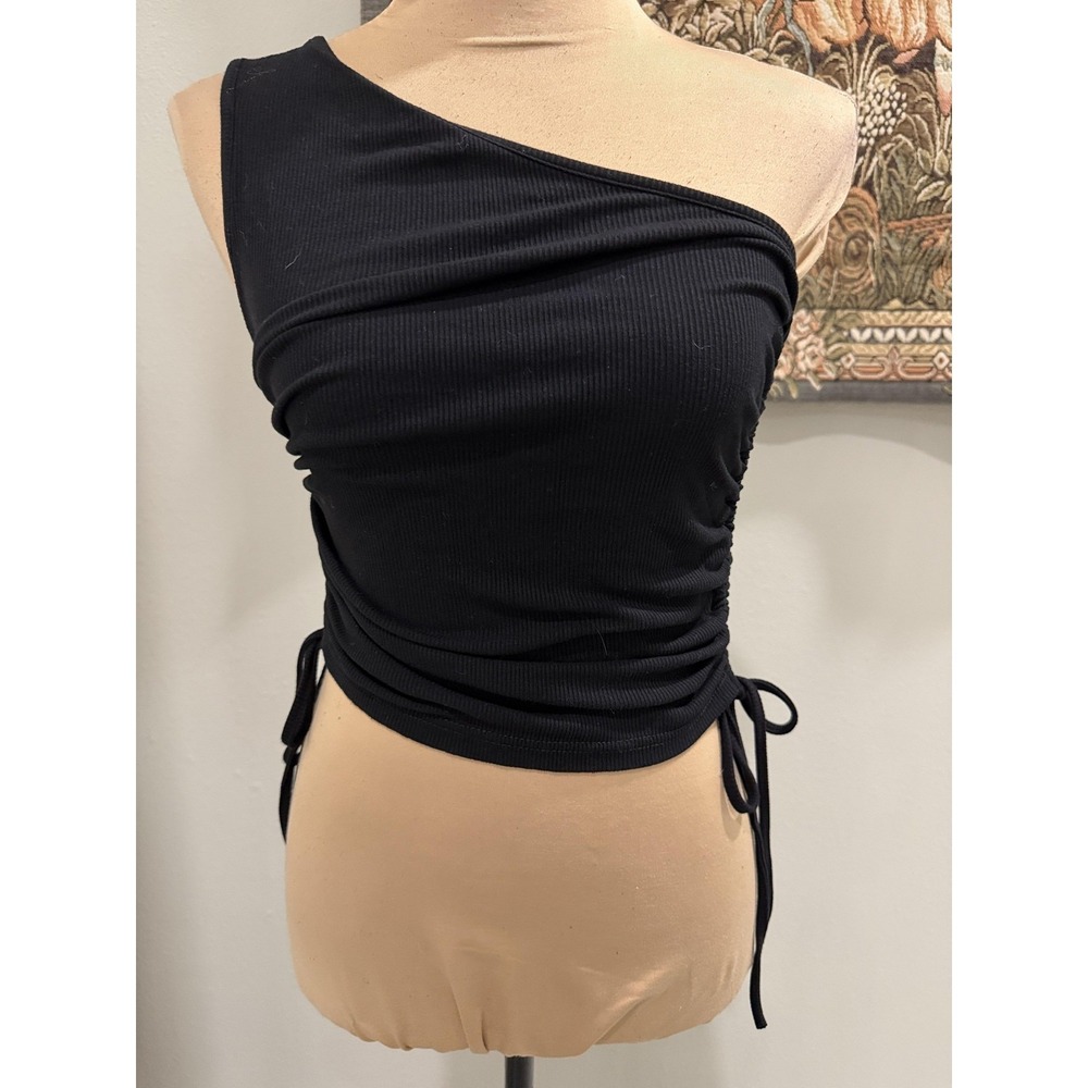 ChicMe Tank Top Womens Small Black One Shoulder Ruched Side Drawstring Crop